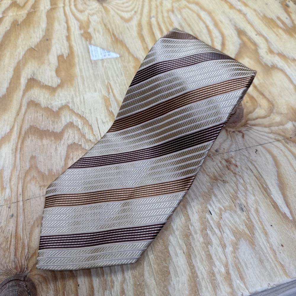 ermenegildo zegna Necktie Brown Beige Regimental Striped Silk Blend Tie Wide